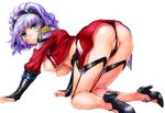  all_fours aqua_centolm ass black_panties breasts bridal_gauntlets high_heels large_breasts looking_at_viewer nakamura_kanko nipples panties partially_visible_vulva purple_hair smile solo super_robot_wars super_robot_wars_mx underwear white_background 