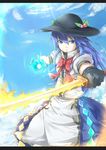  black_gloves black_hat blue_eyes blue_hair blue_skirt bow cloud day dress energy_ball food frown fruit gloves hat highres hinanawi_tenshi long_hair peach red_bow shirt short_sleeves skirt sky solo sunlight sword sword_of_hisou touhou weapon white_shirt yomi_(yomi14_pyaon) 