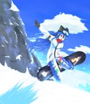  adapted_costume black_gloves black_hat blue_hair cloud coat contemporary day food fruit gloves goggles hat highres hinanawi_tenshi long_hair looking_at_viewer mountain open_mouth peach red_eyes sky snow snowboard snowboarding solo tat_rous touhou winter_clothes winter_coat 