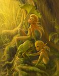  amphibian blonde_hair brown_eyes dryad female forest frog grass gree hair hi_res leaf long_hair outside rain sidorova_anna sitting tree umbrella young 