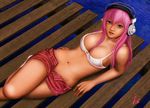  arm_support bra breasts cleavage ebi_(eeotoko) headphones highres large_breasts lips long_hair looking_at_viewer lying midriff navel nitroplus nose on_side open_fly parted_lips pier pink_eyes pink_hair short_shorts shorts socks solo super_sonico underwear unzipped water 