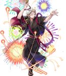  1boy alternate_costume blonde_hair boots fan fire_emblem fire_emblem_heroes fire_emblem_if fireworks full_body highres japanese_clothes kimono male_focus marks_(fire_emblem_if) mask mask_on_head nintendo official_art open_mouth p-nekor red_eyes solo teeth transparent_background 