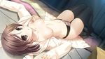  :o black_legwear bow bow_panties breasts breasts_apart brown_eyes brown_hair dutch_angle game_cg kiss_ato_kiss_will_change_my_relation_with_you long_sleeves lying medium_breasts nipples no_bra on_back on_floor panties short_hair solo takanashi_madoka takei_ooki thighhighs underwear 