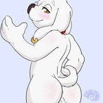  anthro anus bluepawpanda blush butt canine collar dog ear_piercing family_guy grey_background half-closed_eyes hi_res jasper looking_at_viewer male mammal nude piercing plain_background pose shaded smile solo 