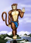  absurd_res aircraft airplane baboon brown_fur bulge city clothed clothing cloud ear_piercing fur hi_res hindpaw loincloth macro male mammal megasonic20 monkey muscles navel nipples ouside outside paws penis piercing primate river skimpy solo 