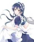  1girl alternate_costume apron bangs blue_hair blush carrying commentary_request cup enmaided frills hair_between_eyes long_hair looking_at_viewer love_live! love_live!_school_idol_project maid maid_apron maid_headdress open_mouth puffy_short_sleeves puffy_sleeves shino_(shinderera) short_sleeves simple_background skirt_hold smile sonoda_umi white_background yellow_eyes 