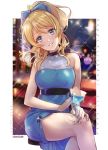  1girl 2018 artist_name ayase_eli bangs birthday black_ribbon blonde_hair blue_bow blue_dress blue_eyes blue_ribbon blurry blurry_background bow breasts character_name choker cup dated dress drinking_glass english_text eyebrows_visible_through_hair hair_bow hair_ribbon happy_birthday head_tilt legs_crossed long_hair looking_at_viewer love_live! love_live!_school_idol_project medium_breasts parted_lips ponytail ribbon ribbon_choker signature sitting sleeveless sleeveless_dress smile solo sparkle wine_glass zawawa_(satoukibi1108) 
