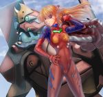  1girl blue_eyes bodysuit breasts brown_hair eva_02 eyepatch floating_hair hair_between_eyes hand_on_hip headpiece highres long_hair makka_na_kedamono neon_genesis_evangelion plugsuit rebuild_of_evangelion red_bodysuit shiny shiny_hair small_breasts solo soryu_asuka_langley standing 