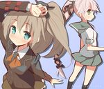  9law aqua_eyes brown_hair green_eyes hair_ornament hair_ribbon highres kantai_collection kumano_(kantai_collection) long_hair multiple_girls ponytail purple_hair ribbon school_uniform serafuku skirt smile yura_(kantai_collection) 