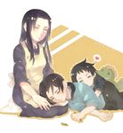  2boys apron bad_id bad_pixiv_id black_hair blush brothers child closed_eyes crayon dated dinosaur full_body heart long_hair mother_and_son motherly multiple_boys naruto naruto_(series) siblings sleeping smile spoken_heart uchiha_itachi uchiha_mikoto uchiha_sasuke yo_jun_(wuyoooo) younger 