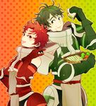  1girl armor basket eating fire_emblem fire_emblem:_kakusei food food_on_face gauntlets green_eyes green_hair guttary red_eyes red_hair sandwich short_hair smile soiree solt_(fire_emblem) 