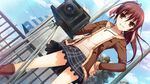  blush brown_hair camera chain-link_fence day dutch_angle fence game_cg grin hair_ribbon hand_on_hip jacket koi_de_wa_naku long_hair long_sleeves outdoors plaid plaid_skirt ponytail railing ribbon skirt smile solo standing tomose_shunsaku uto_mitsuki yellow_eyes 