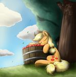  apple applejack_(mlp) arthropod blonde_hair bucket cloud cowboy_hat cutie_mark equine eyes_closed female fluffy_bringer_of_dakness fluffy_the_bringer_of_darkness freckles friendship_is_magic fruit hair hat horse insect mammal moth my_little_pony otakuap outside pony sitting sky sleeping solo tree 
