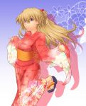  1girl blonde_hair blue_eyes eyebrows_visible_through_hair floating_hair floral_print hair_between_eyes headpiece highres japanese_clothes kimono leg_up long_hair long_sleeves makka_na_kedamono neon_genesis_evangelion obi print_kimono red_kimono sash shadow solo soryu_asuka_langley very_long_hair wide_sleeves 