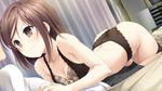  ass bare_shoulders bed black_legwear black_panties blush bra breasts brown_eyes brown_hair cleavage curtains dutch_angle eye_contact game_cg kiss_ato_kiss_will_change_my_relation_with_you looking_at_another panties short_hair small_breasts smile takanashi_madoka takei_ooki thighhighs thighs underwear underwear_only 