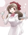  :d brown_hair cup drinking drinking_glass food hair_intakes hair_ribbon ice_cream kantai_collection kappougi koruri looking_at_viewer mamiya_(kantai_collection) open_mouth pink_eyes ribbon smile solo tray twitter_username 