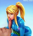  1girl abs bad_id bad_tumblr_id blonde_hair blue_eyes bodysuit breasts fellatio gradient gradient_background hetero lips little_mac long_hair medium_breasts metroid neocoill nose oral penis ponytail punch-out!! samus_aran scrunchie sidelocks skin_tight solo_focus super_smash_bros. uncensored watermark web_address zero_suit 