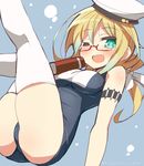  9law blonde_hair book breasts glasses hat highres i-8_(kantai_collection) kantai_collection long_hair looking_at_viewer medium_breasts one-piece_swimsuit one_eye_closed open_mouth red-framed_eyewear school_swimsuit smile solo swimsuit thighhighs twintails white_legwear 