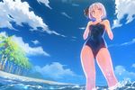  beach black_hairband blue_eyes blue_sky breasts cloud day from_below hairband hands_on_own_chest konpaku_youmu looking_at_viewer mx2j_(nsh6394) one-piece_swimsuit outdoors parted_lips school_swimsuit short_hair silver_hair sky small_breasts solo swimsuit touhou tree wading water 