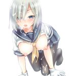  all_fours black_legwear blue_eyes blush breasts cum cum_on_body cum_on_hair cum_on_lower_body facial gloves hair_ornament hair_over_one_eye hairclip hamakaze_(kantai_collection) kantai_collection large_breasts looking_at_viewer nipples pantyhose saki_chisuzu school_uniform serafuku short_hair short_sleeves silver_hair simple_background skirt solo white_background white_gloves 