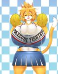  animal_ears breasts bursting_breasts cheerleader cum cum_on_body cum_on_breasts cum_on_upper_body eyes_closed female furry gigantic_breasts mochizuki_tooya_(kemoner) open_mouth orange_hair skirt smile sweat tail 