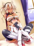  1girl age_difference black_gloves black_hair blonde_hair blush breast_rest breasts breasts_on_head crossed_legs dark_skin fingerless_gloves glasses gloves kantai_collection large_breasts little_boy_admiral_(kantai_collection) long_hair musashi_(kantai_collection) red_eyes sarashi short_hair smile socks thighhighs tsubuki_(ron-bb69) 