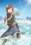  ahoge anna_(frozen) arm_over_head blue_eyes blush boots braid brown_hair capelet dress elsa_(frozen) freckles frozen_(disney) fur_trim ice knee_boots lens_flare mountain one_eye_closed pantyhose snow snowball snowball_fight solo_focus sun twin_braids water weizu 