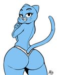  anthro big_butt black_eyes blue_fur butt cat clothing feline female fur looking_at_viewer mammal milf mother nicole_watterson panties parent plain_background raised_tail smile solo teeth the_amazing_world_of_gumball thick_thighs thong underwear unknown_artist whiskers white_background wide_hips 