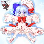  :3 :d blue_eyes blue_hair bow cirno cosplay dress frilled_dress frills hair_bow hat hat_bow highres is_that_so letty_whiterock lily_black lily_black_(cosplay) lily_white lily_white_(cosplay) mofu_mofu multiple_girls open_mouth outstretched_arms short_hair smile spread_arms touhou wings 