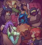  black_hair black_nose blonde_hair blue_hair blue_nose brown_fur facial_piercing female fur group hair horn nose_piercing nose_ring piercing pink_hair pink_nose plushie sleeping waitress_(artist) 