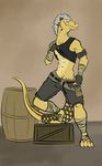  anthro bandage barefoot belt biceps clothing covertcanine crocodile fantasy gloves green_eyes grey_hair grin hair horn knife male muscles pecs pose raised_leg reptile rogue ryxer scales scalie shirt shirt_lift shorts smile solo standing tank_top teasing toned undressing weapon yellow_skin 