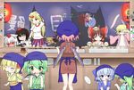  :q absurdres alternate_costume animal_ears antennae at_field bandaid beamed_eighth_notes bird_wings black_hair blonde_hair blue_eyes blue_hair blush bow bowl brown_hair chikuwa chopsticks cirno cooking daiyousei drunk eating eel eels_under_clothes eighth_note flandre_scarlet food food_stand four_of_a_kind_(touhou) fujiwara_no_mokou ghostbusters glass green_hair hair_bow hair_ribbon hakurei_reimu hat highres himekaidou_hatate horn horns hoshiguma_yuugi ibuki_suika inubashiri_momiji komeiji_satori lantern long_hair minigirl mob_cap mofu_mofu mouth_hold multiple_girls music musical_note mystia_lorelei noren okamisty open_clothes paper_lantern patch photo_(object) pink_hair plate quarter_note reiuji_utsuho ribbon rice rice_bowl rumia saigyouji_yuyuko shaded_face shameimaru_aya short_hair side_ponytail singing soga_no_tojiko stand stay_puft steam team_9 tears tokin_hat tongue tongue_out touhou trembling under_clothes v_over_eye white_hair wings wolf_ears wriggle_nightbug yatai 