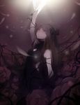  1girl arm_up artist_request bare_shoulders black_bow black_dress blood bow brown_eyes brown_hair character_request crying feathers female flower hair_bow headband long_hair open_mouth solo source_request straight_hair thorns 