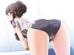  ass bent_over blush breasts brown_hair cameltoe double_bun fujisawa_yayoi_(uchuu_no_stellvia) glasses green_eyes large_breasts leotard looking_at_viewer parted_lips short_hair solo thighs tonpuu trefoil uchuu_no_stellvia 