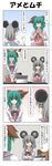  2girls 4koma alternate_costume animal_ears apron blush bow cash_register closed_eyes comic commentary counting flying_sweatdrops gradient gradient_background green_eyes green_hair grey_hair highres jitome kasodani_kyouko mouse_ears multiple_girls nazrin o_o open_mouth rappa_(rappaya) red_eyes simple_background smile sweatdrop touhou translated waitress 