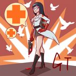  1girl bird birds blood boots breasts dove female genderswap glasses gloves gotwin hand_on_hip high_heel_boots high_heels long_hair red_gloves shiny shiny_skin solo team_fortress_2 the_medic 