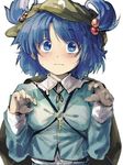  backpack bag blue_eyes blue_hair blush bow colorized embarrassed geppewi hair_bobbles hair_ornament hat kawashiro_nitori key long_sleeves looking_at_viewer shirt short_hair simple_background sketch solo sweat touhou two_side_up wavy_mouth white_background white_shirt 