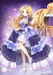  bare_legs blonde_hair blue_eyes blush bow bracelet breasts carriage choker cinderella cleavage dress hair_bow jewelry large_breasts long_hair looking_at_viewer mauve million_arthur_(series) overskirt puffy_sleeves pumpkin purple_eyes short_sleeves solo tiara 