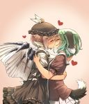  2girls animal_ears arm_around_neck beige_background bird_wings blush brown_dress brown_hair brown_hat brown_shirt dress eyes_closed from_side gradient gradient_background green_hair hand_on_another&#039;s_shoulder hat heart heavy_breathing highres hug kasodani_kyouko kiss miniskirt multiple_girls mystia_lorelei pleated_skirt puffy_short_sleeves puffy_sleeves shirt short_hair short_sleeves skirt sweat tail touhou white_shirt wings yudepii yuri 