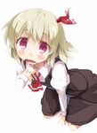  ascot black_dress blonde_hair blush dress drooling hair_ribbon juliet_sleeves kneeling long_sleeves looking_at_viewer open_mouth puffy_sleeves purple_eyes ribbon rumia sala_mander simple_background solo touhou white_background 
