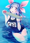  bad_id bad_pixiv_id blue_hair blush breasts gradient_hair hair_ribbon holding holding_torpedo i-19_(kantai_collection) kantai_collection large_breasts long_hair looking_at_viewer multicolored_hair one-piece_swimsuit partially_submerged pink_hair red_eyes ribbon school_swimsuit sohin solo star star-shaped_pupils swimsuit symbol-shaped_pupils torpedo water 