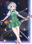  absurdres black_bow black_hairband bow breasts ghost green_eyes green_skirt green_vest hair_ribbon hairband highres konpaku_youmu konpaku_youmu_(ghost) legs looking_at_viewer mero_(ly21207) petals ribbon sheath sheathed shirt short_hair short_sleeves silver_hair simple_background skirt small_breasts solo sword touhou vest weapon white_shirt 