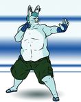  anthro biceps blue_eyes blue_fur blue_hair chubby claws clothed clothing fur hair lagomorph lionsilverwolf male mammal martial_arts muscles overweight pecs plain_background rabbit solo standing teeth 
