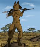  african ambiguous_gender hyena male mammal nude polearm savannah screentone solo spear treefyleaves weapon 
