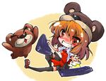  brown_eyes brown_hair character_request hat instrument keyboard_(instrument) shinapuu skirt stuffed_animal stuffed_toy teddy_bear thighhighs 