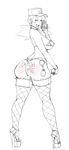  1girl ass blush body_blush body_writing breasts cuffs erect_nipples fishnet_legwear fishnet_stockings fishnets from_behind handcuffs hat high_heels junsaa_(pokemon) large_breasts lm_(legoman) looking_at_viewer looking_back monochrome nintendo open_mouth poke_ball pokeball pokemon pokemon_(anime) solo thighhighs tongue 