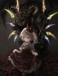  absurdres ass blonde_hair darkness demon dress flandre_scarlet flower glowing glowing_wings hat hat_ribbon highres looking_at_viewer mephist-pheles mob_cap open_mouth puffy_sleeves red_dress red_eyes red_flower red_rose ribbon rose shirt short_sleeves side_ponytail skirt_basket touhou wings 