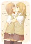  black_legwear black_skirt blush brown_hair closed_eyes english foomi heart heart_background highres hug kiss multiple_girls original school_uniform sepia_background shirt short_hair skirt standing surprised sweater_vest thighhighs white_shirt yuri zettai_ryouiki 