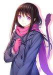  blazer brown_hair cat_tail gloves highres iki_hiyori jacket long_hair looking_at_viewer noragami pen_(steelleets) pink_gloves purple_eyes scarf smile solo tail 