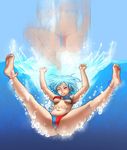  absurdres afterimage anklet aqua_hair bandeau barefoot belly_chain bikini_bottom blue_nails blush breasts clenched_teeth falling highres jewelry kairuhentai medium_breasts nail_polish o-ring o-ring_top one_eye_closed red_eyes red_nails short_hair soles solo source_request splashing spread_legs strapless tatara_kogasa teeth toe_scrunch toenail_polish toes touhou tubetop underboob underwater 